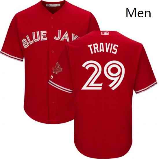 Mens Majestic Toronto Blue Jays 29 Devon Travis Replica Scarlet Alternate Cool Base MLB Jersey